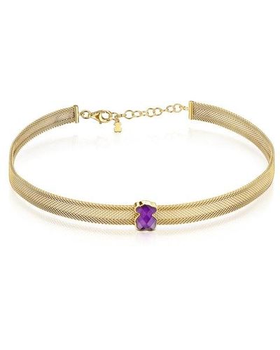Tous Gold-colored Ip Steel Mesh Color Necklace With Amethyst - Metallic