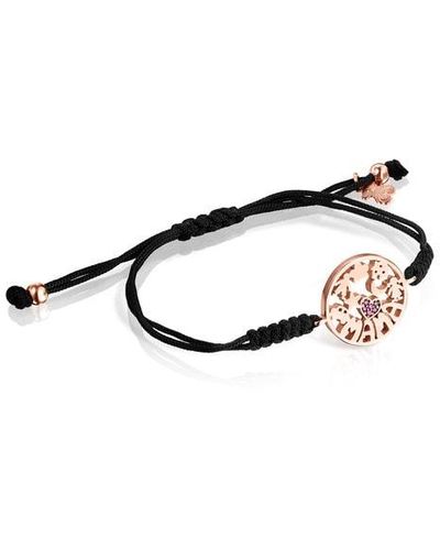 Tous Mama Bracelet In Rose Silver Vermeil With Ruby And Black Cord