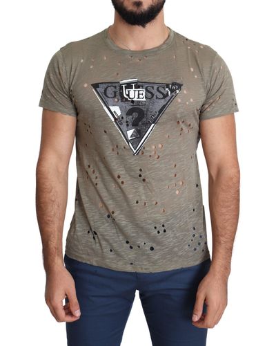 Guess Brown Cotton Stretch Logo Print Casual Perforated T-shirt - Grey