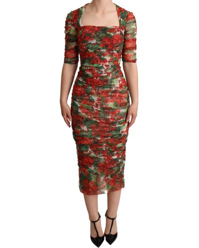 Dolce & Gabbana Dolce Gabbana Red Floral Print Tulle Sheath Midi Dress