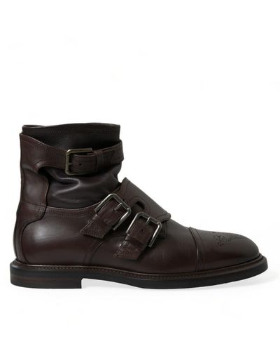 Dolce & Gabbana Brown Leather Straps Ankle Boots Shoes - Black