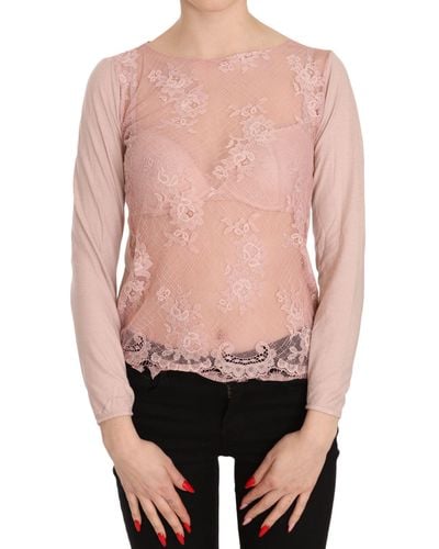 Pink Memories Lace See Through Long Sleeve Top Blouse - Pink