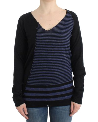 CoSTUME NATIONAL Striped V-neck Sweater Black Sig12052 - Blue