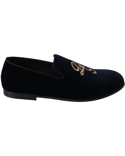 Dolce & Gabbana Blue Velvet Gold Logo Slipper Loafers Shoes - Black