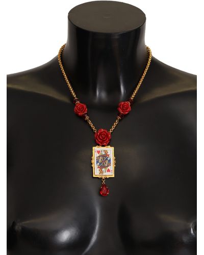 Dolce & Gabbana Gold Brass Flower Card Deck Crystal Pendant Necklace - Black