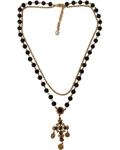 Dolce & Gabbana Gold Tone Brass Cross Chain Black Crystal Beaded Necklace - Multicolor