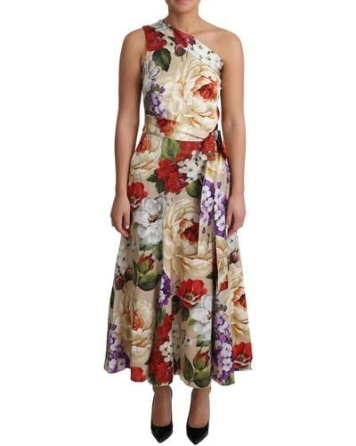 Dolce & Gabbana Elegant One-Shoulder Floral Silk Maxi Dress - Brown
