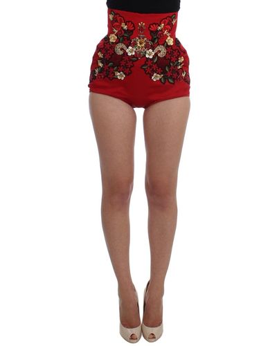 Dolce & Gabbana Silk Crystal Roses Shorts Red Sig20121