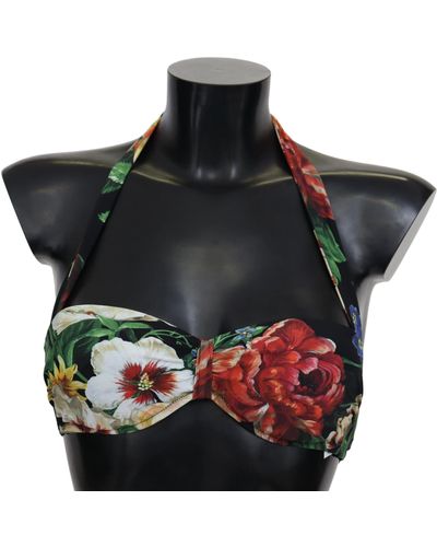 Dolce & Gabbana Floral Print Nylon Swimwear Bikini Tops - Black