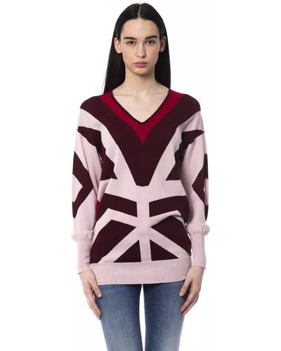 Byblos Burgundy Oversized Wool V-Neck Sweater - Multicolor