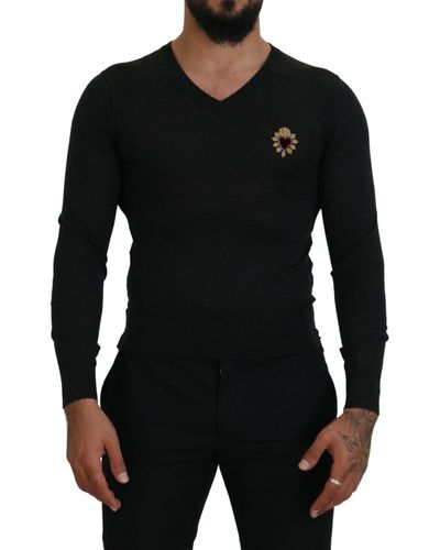 Dolce & Gabbana Cashmere V-neck Sweater With Gold Heart Embroidery - Black
