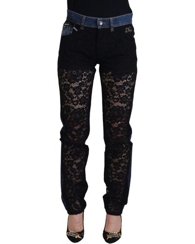 Dolce & Gabbana Black Floral Lace Front Skinny Denim Jeans