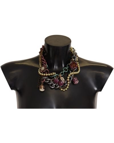 Dolce & Gabbana Gold Brass Sicily Floral Crystal Statement Necklace - Black
