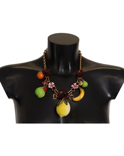 Dolce & Gabbana Fruit Pendants Flowers Crystal Dg Logo Gold Brass Necklace - Black