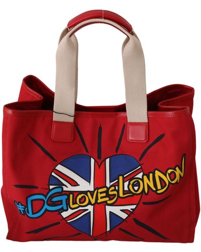 Dolce & Gabbana #dgloveslondon Denim Leather Travel Shopping Tote Bag - Red