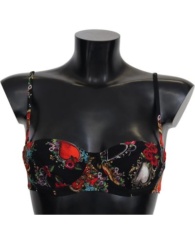 Dolce & Gabbana Heart Floral Print Beachwear Bikini Tops - Black
