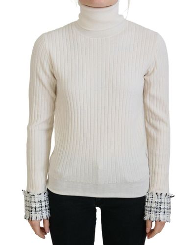 Dolce & Gabbana Ivory Turtleneck Distressed Cuff Pullover Sweater - White