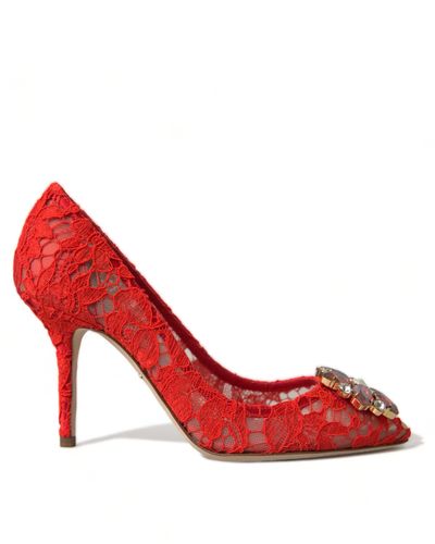 Dolce & Gabbana Taormina Lace Crystal Heels Pumps Shoes - Red
