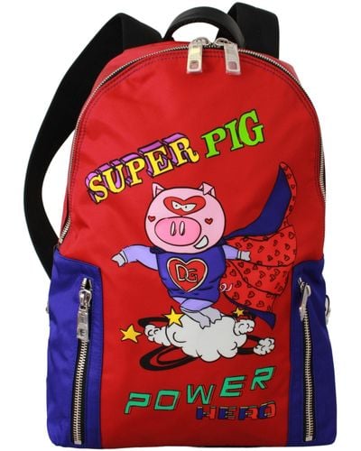 Dolce & Gabbana Nylon Multicolor Super Pig Print School Bag - Red