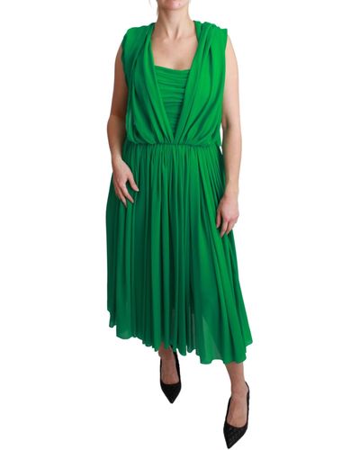Dolce & Gabbana 100% Silk Sleeveless Pleated Maxi Dress - Green