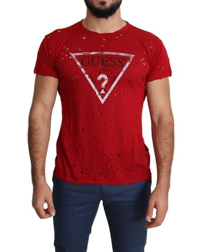 Guess Red Cotton Logo Print Casual Top Perforated T-shirt