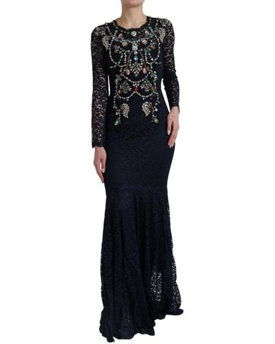 Dolce & Gabbana Dolce Gabbana Crystal Floral Lace Long Gown Dress - Black