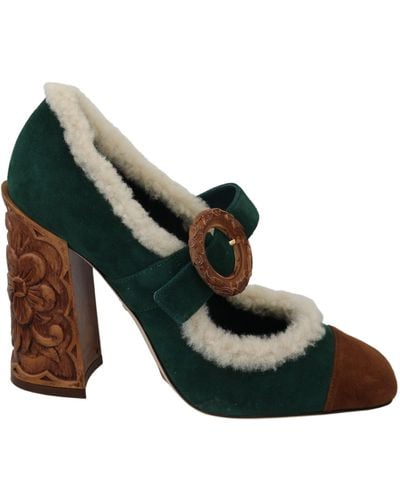 Dolce & Gabbana Dolce Gabbana Suede Fur Shearling Mary Jane Shoes - Green