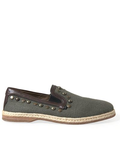 Dolce & Gabbana Studded Canvas Loafer Slipper Shoes - Gray