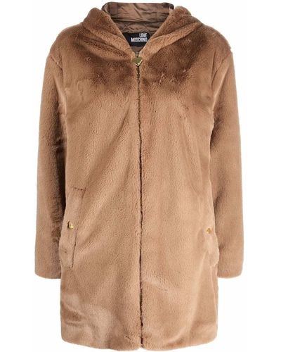 Love Moschino Beige Faux Fur Hooded Coat With Zip Closure - Brown