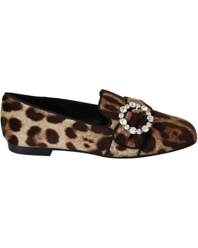 Dolce & Gabbana Leopard Print Crystal Embellished Loafers - Brown