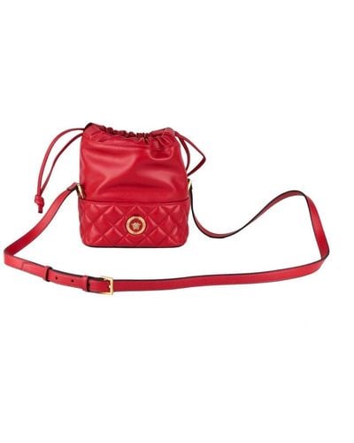 Versace Quilted Leather Drawstring Shoulder Bag Bucket Crossbody Handbag - Red