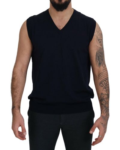 Paolo Pecora Black Cotton V-neck Sleeveless Tank T-shirt - Blue