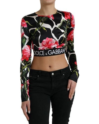 Dolce & Gabbana Multicolor Floral Long Sleeves Cropped Top - Black