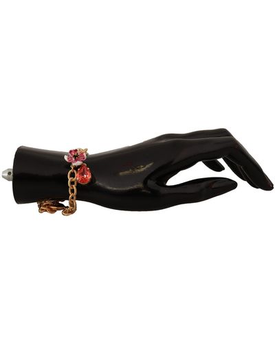 Dolce & Gabbana Gold Brass Chain Red Floral Crystal Statement Charms Bracelet - Black