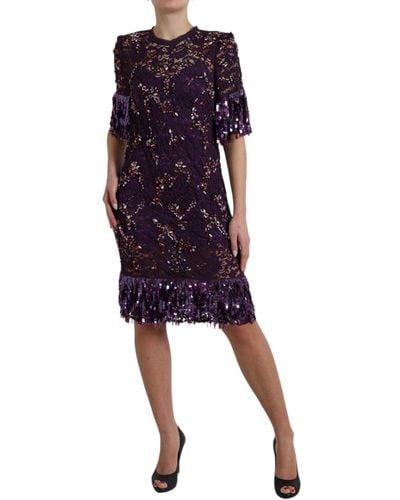 Dolce & Gabbana Elegant Floral Lace Crystal Dress - Purple