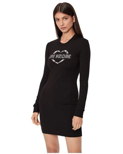 Love Moschino Chic Cotton Blend Logo Dress - Long Sleeves - Black
