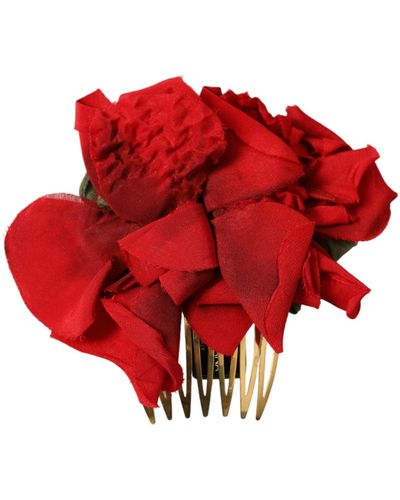 Dolce & Gabbana Silk Floral Brass Hair Comb - Red