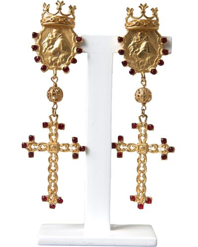 Dolce & Gabbana Gold Brass Crown Cross Crystal Clip On Dangling Earrings - White