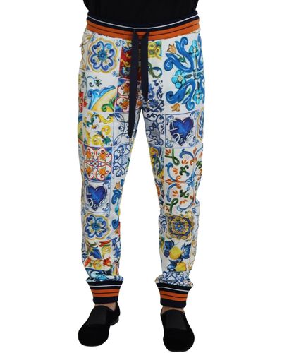 Dolce & Gabbana Majolica Print Cotton Sport Pants - Blue