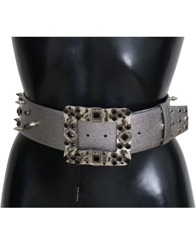 Dolce & Gabbana Silver Leather Crystal Stud Logo Buckle Belt - Multicolor