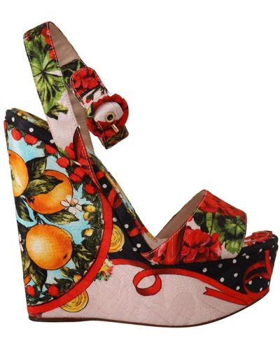 Dolce & Gabbana Brocade Platform Heels Sandals Shoes - Red