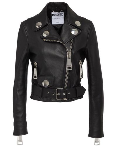 Moschino Black Leather Di Pecora Jackets & Coat