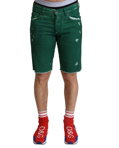Dolce & Gabbana Green Tattered Cotton Denim Bermuda Shorts