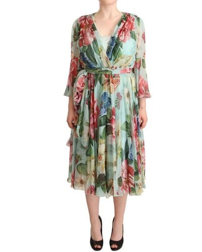 Dolce & Gabbana Green Floral Silk Wrap Midi Dress