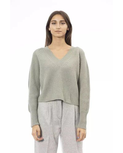 Alpha Studio Chic V-neck Wool-cashmere Sweater In - Gray