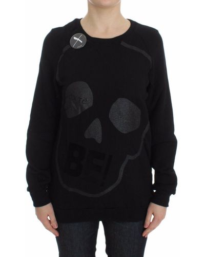 Exte Chic Skull Motif Crew-Neck Cotton Sweater - Black