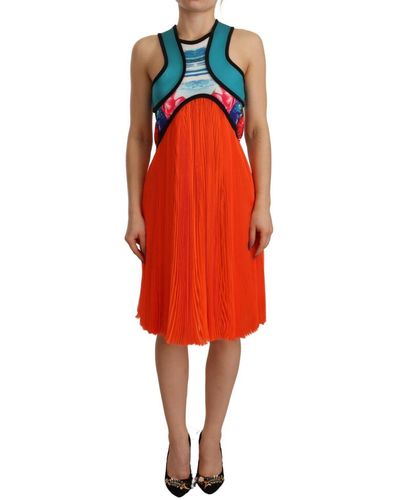 DSquared² Silk Sleeveless Pleated Knee Length Dress - Orange