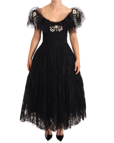 Dolce & Gabbana Floral Lace Crystal Ball Gown Dress - Black