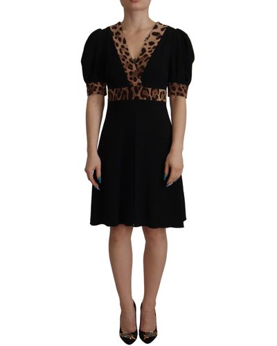 Dolce & Gabbana Wrap-effect Leopard Print-trimmed Crepe Mini Dress - Black