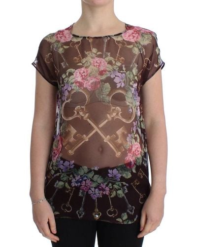 Dolce & Gabbana Key Floral Print Silk Blouse T-shirt - Brown